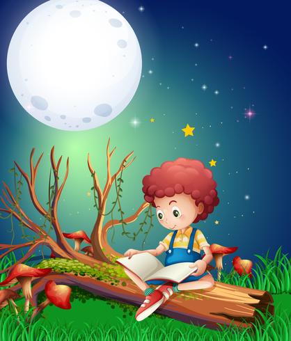 Liten pojke läser bok i trädgården på natten vektor