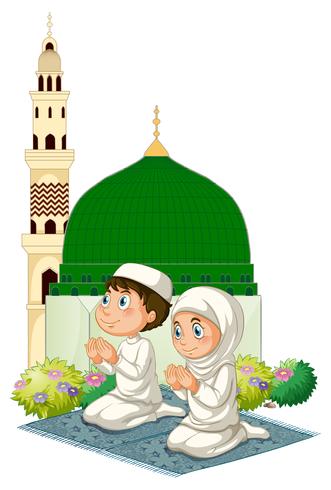 Två muslimska barn ber i moské vektor