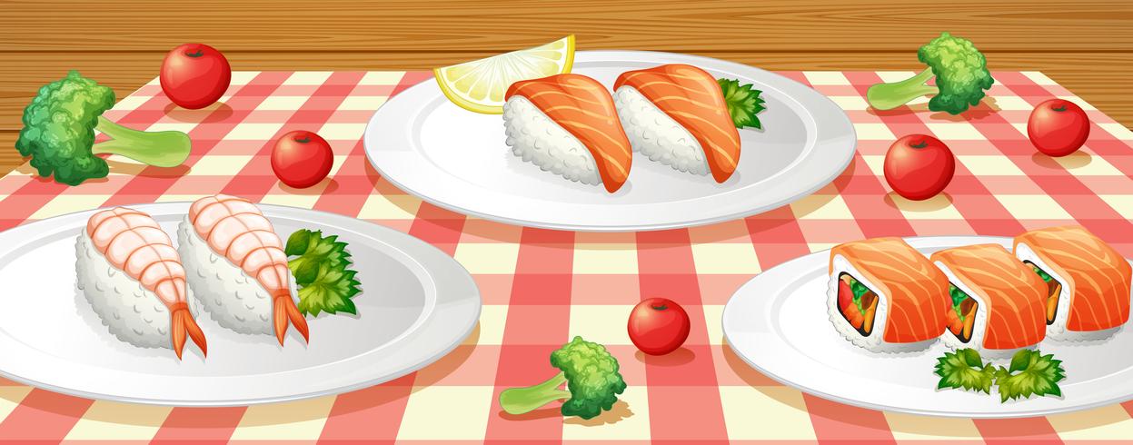 Sushi på tallrik vid bordet vektor