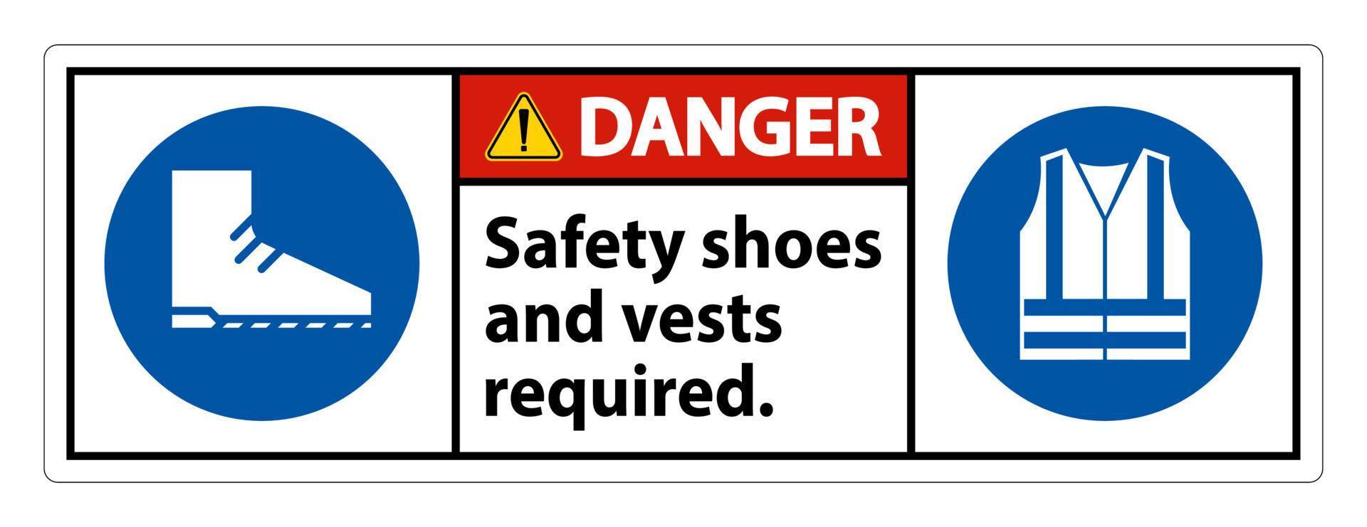 Warnschild Sicherheitsschuhe und Weste mit PPE-Symbolen auf weißem Hintergrund erforderlich, Vektorgrafiken vektor