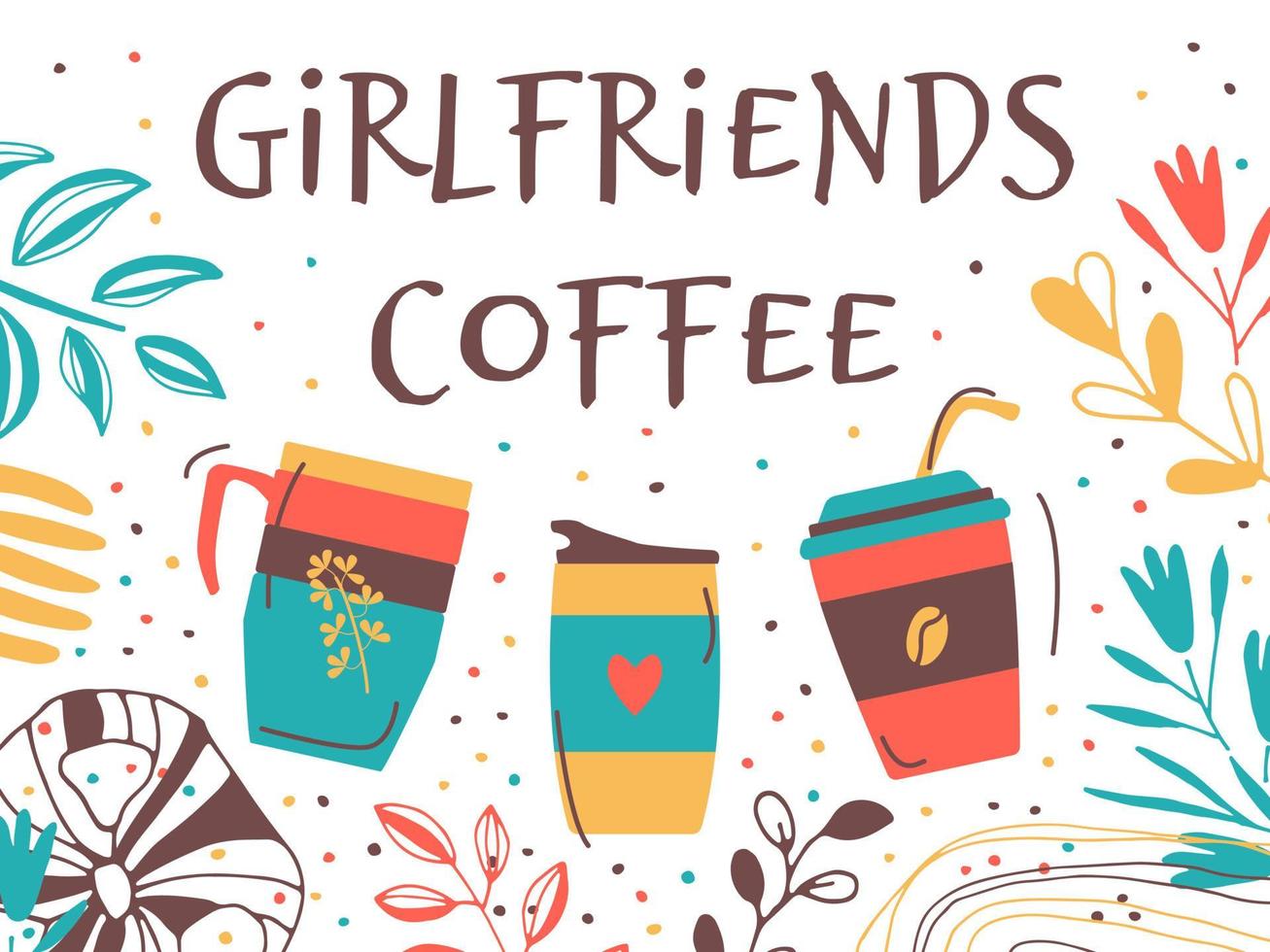uppsättning kaffe. slogan kaffe vänner. skaffa din kopp, återanvändbart pappersglas, termomugg. vektor platt illustration. reklambanner.