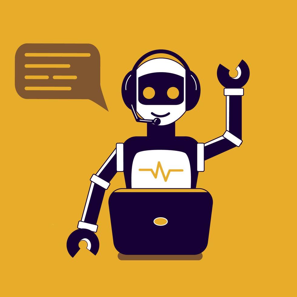 Chat-Bot-Roboter sagen hallo Vektor-flache Cartoon-Charakter-Illustration auf gelbem Hintergrund sprechen Blase Voice-Support-Service Chat-Bot virtuelle Online-Hilfe Kundensupport vektor