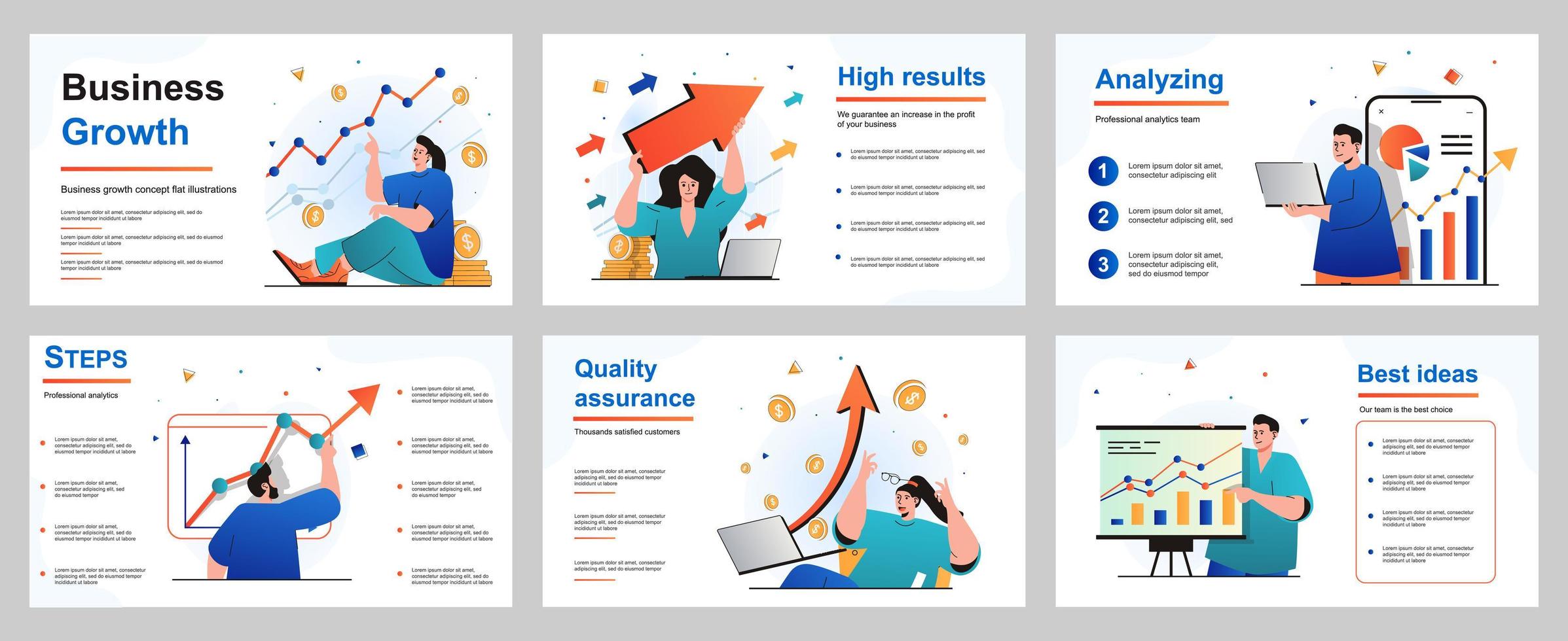 affärstillväxt koncept för presentationsmallen. affärsman och affärskvinna analyserar finansiella data, utvecklar framgångsrik strategi, arbetsledning. vektor illustration för layout design