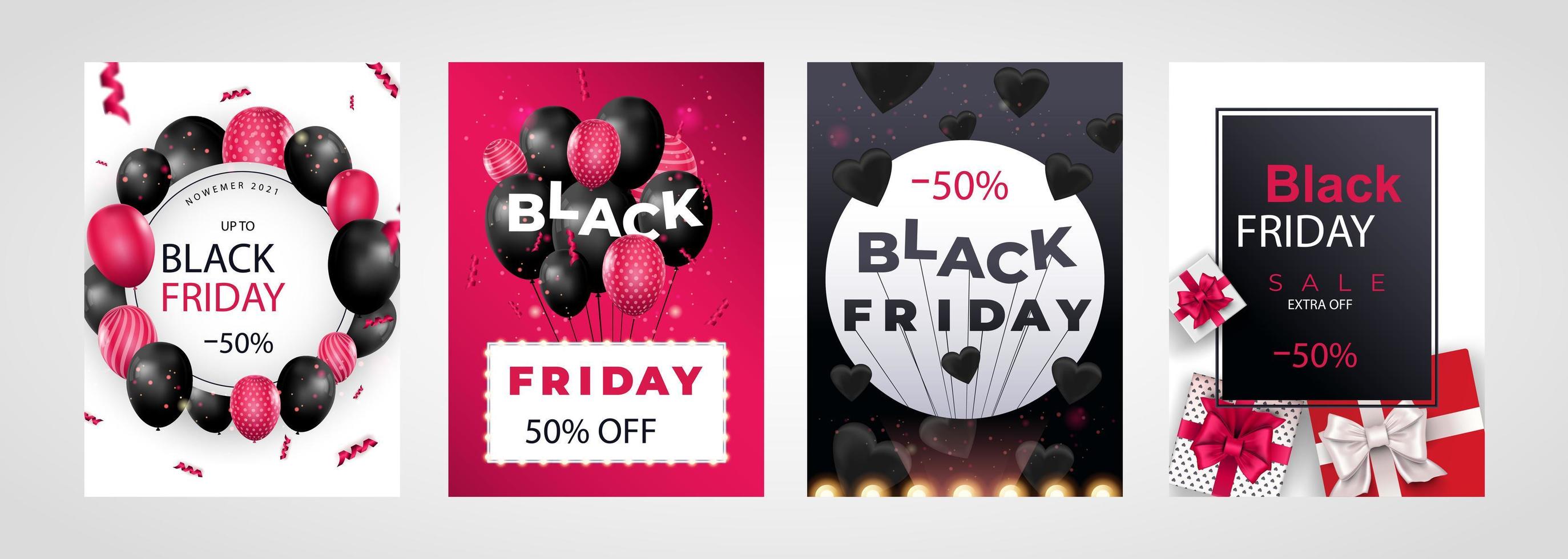 Black Friday Sale Set von Postern oder Flyern mit Luftballons und Konfetti. Black Friday-Cover-Design. Verkaufsrabattpreise Ankündigung Broschürenlayout. Vektorillustration mit realistischen Elementen. vektor