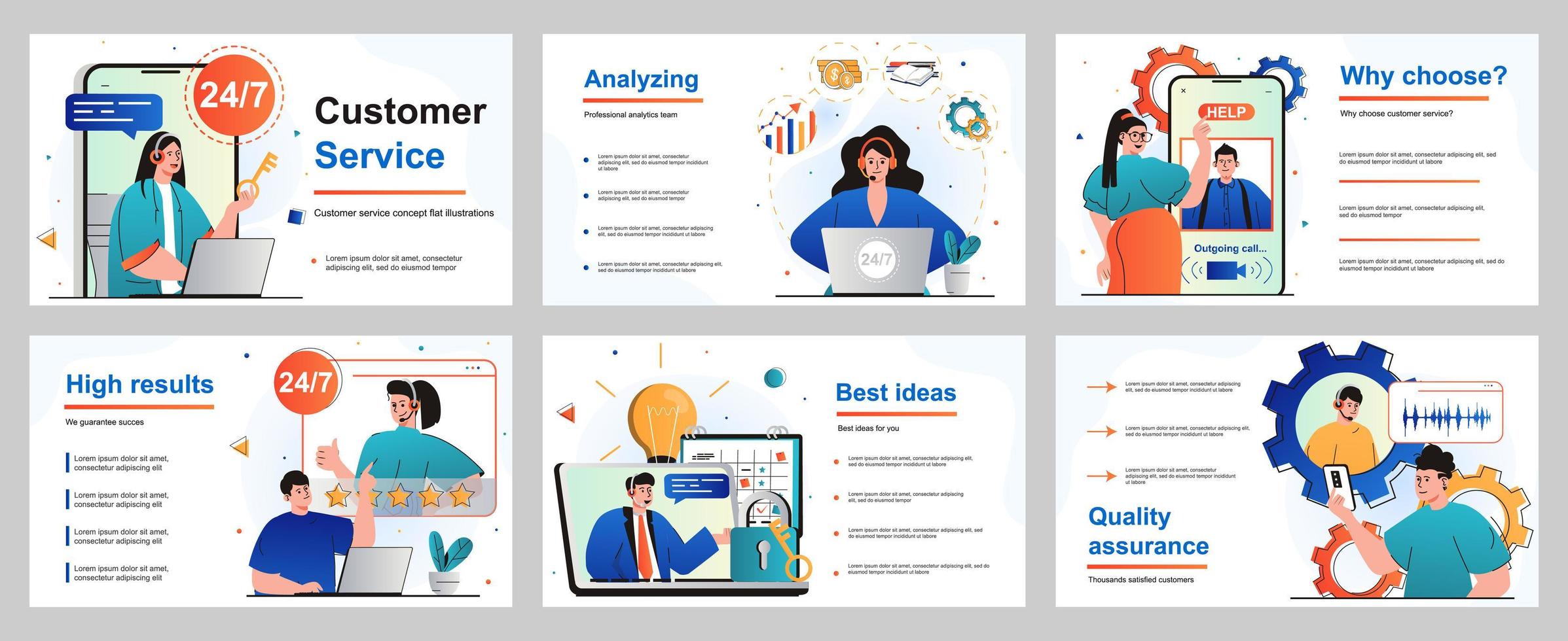 kundtjänstkoncept för presentationsmall. operatörer svarar på samtal och meddelanden dygnet runt, konsulterar människor och löser tekniska problem. vektor illustration för layout design