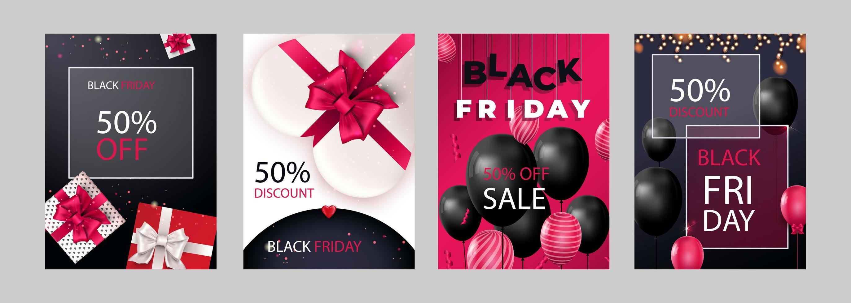 Black Friday Sale Set von Postern oder Flyern mit Luftballons und Konfetti. Black Friday-Cover-Design. Verkaufsrabattpreise Ankündigung Broschürenlayout. Vektorillustration mit realistischen Elementen. vektor