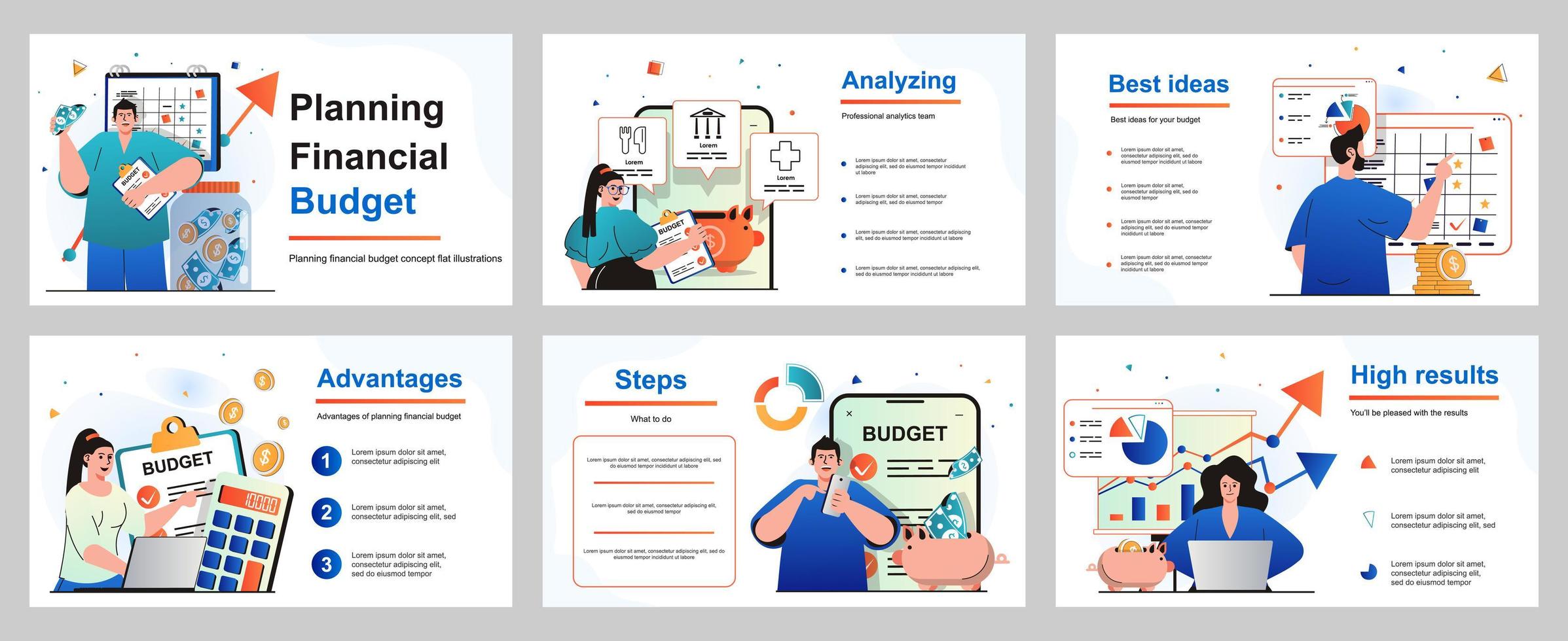 planering av finansiell budgetkoncept för presentationsmall. människor gör redovisningsanalys av statistikens inkomster och kostnader, besparingar, finansplan. vektor illustration för layout design