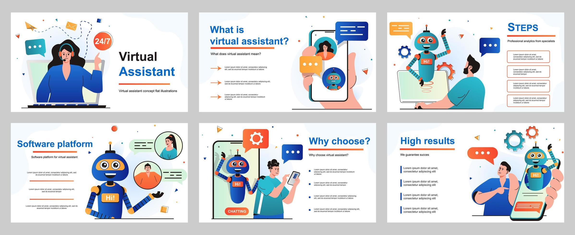 virtuellt assistentkoncept för presentationsmall. operatören informerar kunder som har kontaktat supporttjänsten. chatbot robot hjälper och skickar meddelanden. vektor illustration för layout design