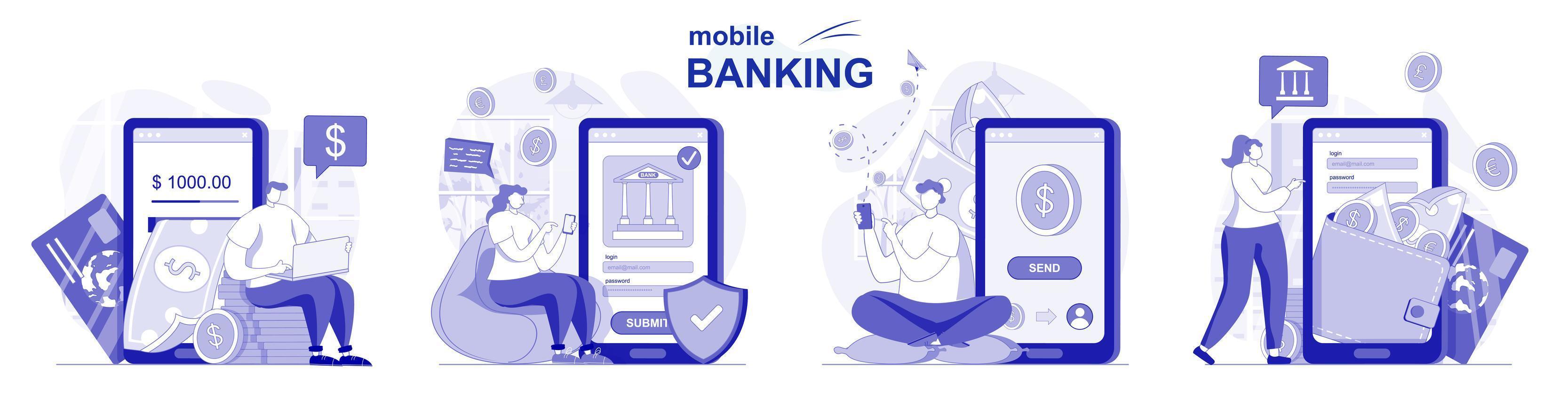 Mobile Banking isoliert im flachen Design. Leute machen Finanztransaktionen mit Anwendung, Sammlung von Szenen. Vektorgrafik für Blogging, Website, mobile App, Werbematerialien. vektor