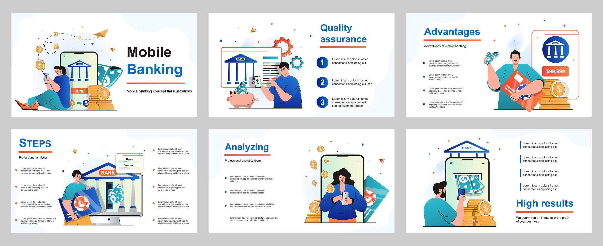 mobilbankkoncept för presentationsmall. människor betalar för köp eller räkningar, gör finansiella transaktioner i mobilapplikationer, banktjänster online. vektor illustration för layout design