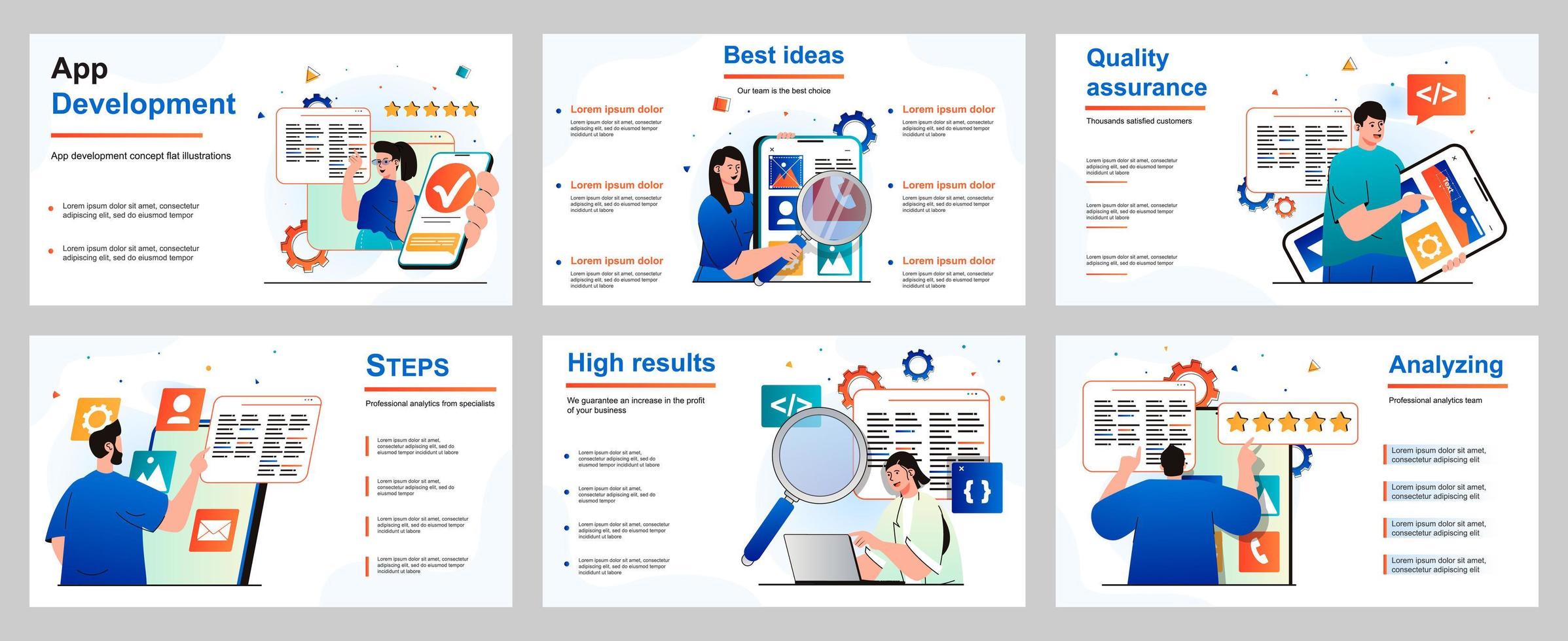 apputvecklingskoncept för presentationsmall. människor utvecklare genererar idéer, skapar ui -design, optimerar program, programvara, mobil, applikation. vektor illustration för layout design