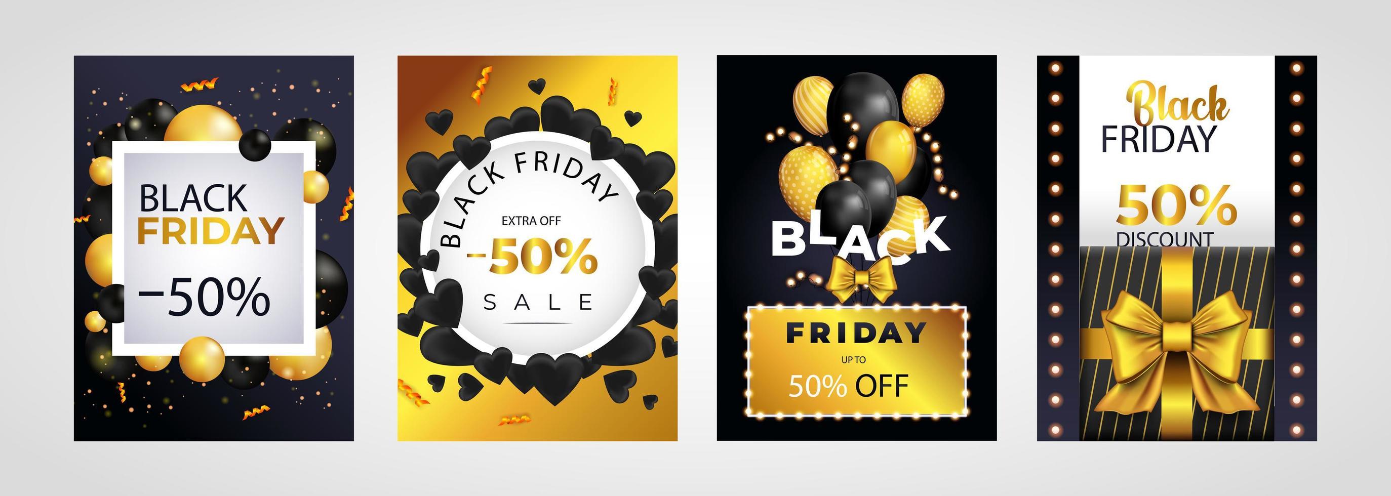 Black Friday Sale Set von Postern oder Flyern mit Luftballons und Konfetti. Black Friday-Cover-Design. Verkaufsrabattpreise Ankündigung Broschürenlayout. Vektorillustration mit realistischen Elementen. vektor