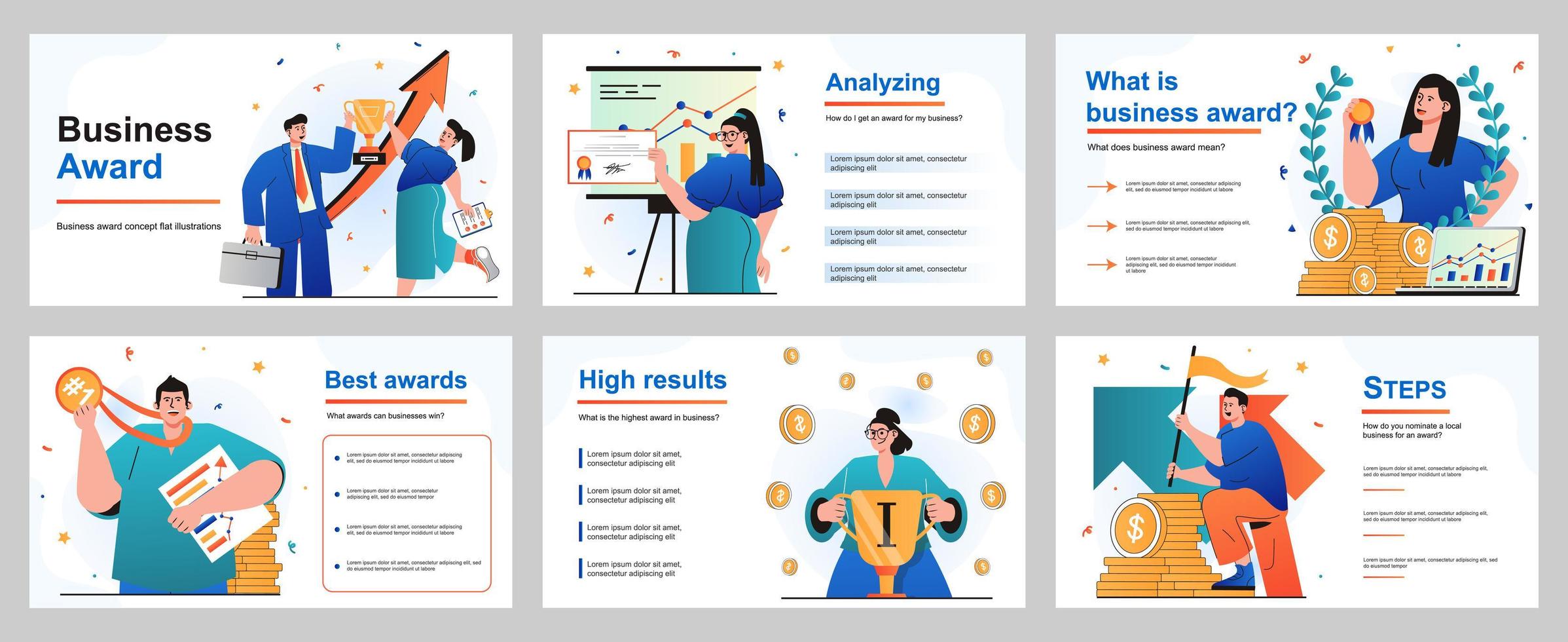 Business Award Konzept für Präsentationsfolienvorlage. Geschäftsleute und Geschäftsfrauen, die Erfolg, Zielerreichung, Siegwettbewerb feiern und Trophäen gewinnen. Vektor-Illustration für Layout-Design vektor