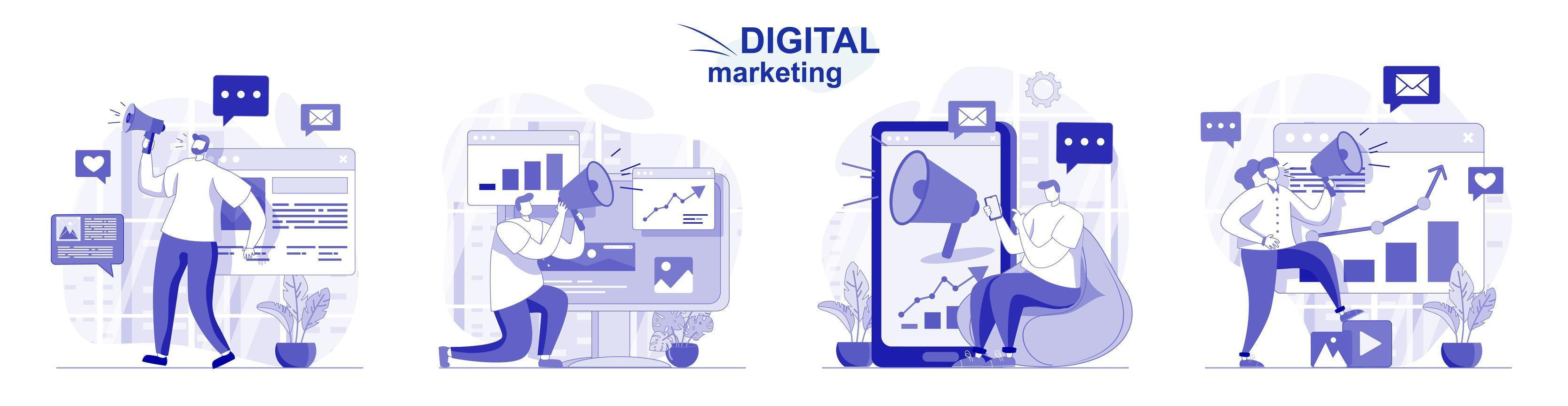 Digitales Marketing isoliert im flachen Design. Menschen gewinnen neue Kunden und Online-Werbung, Sammlung von Szenen. Vektorgrafik für Blogging, Website, mobile App, Werbematerialien. vektor