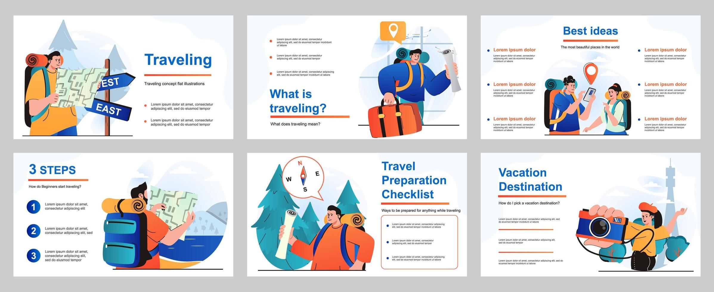 resande koncept för presentationsmall. personer med ryggsäckar eller bagage åker på semester för resor, vandring, besök i olika städer och sightseeing. vektor illustration för layout design