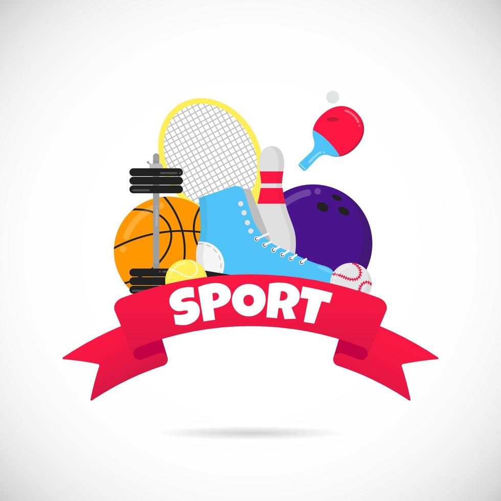 sport spelkomposition med bollar - tennis, bowling, basket. skridskoåkning skor och bordtennisracket, puck etc ... sportutrustning platt stil design vektorillustration isolerad på vitt. vektor