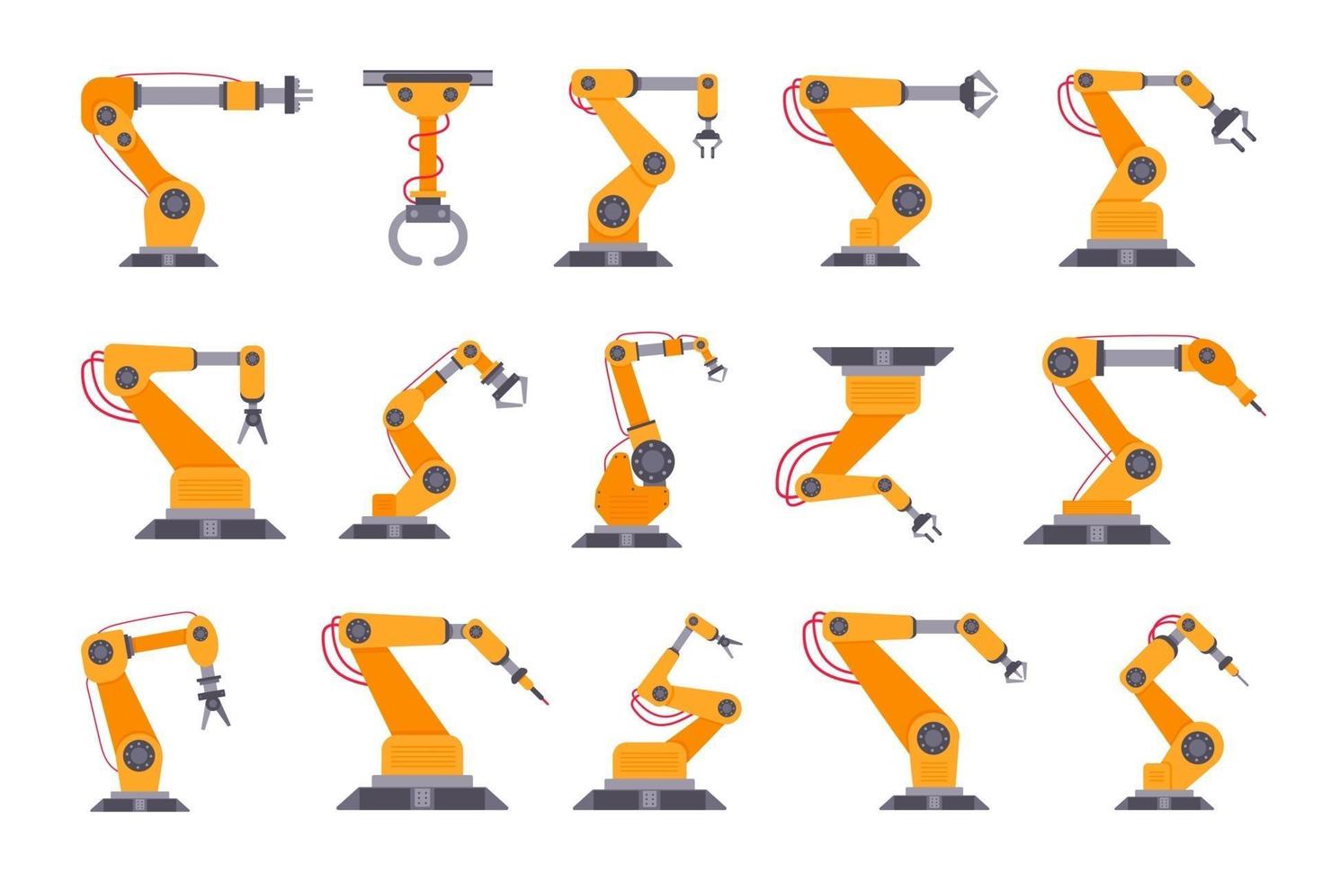 Roboterarm Set Flat Style Design Vector Illustration isoliert auf weißem Hintergrund.