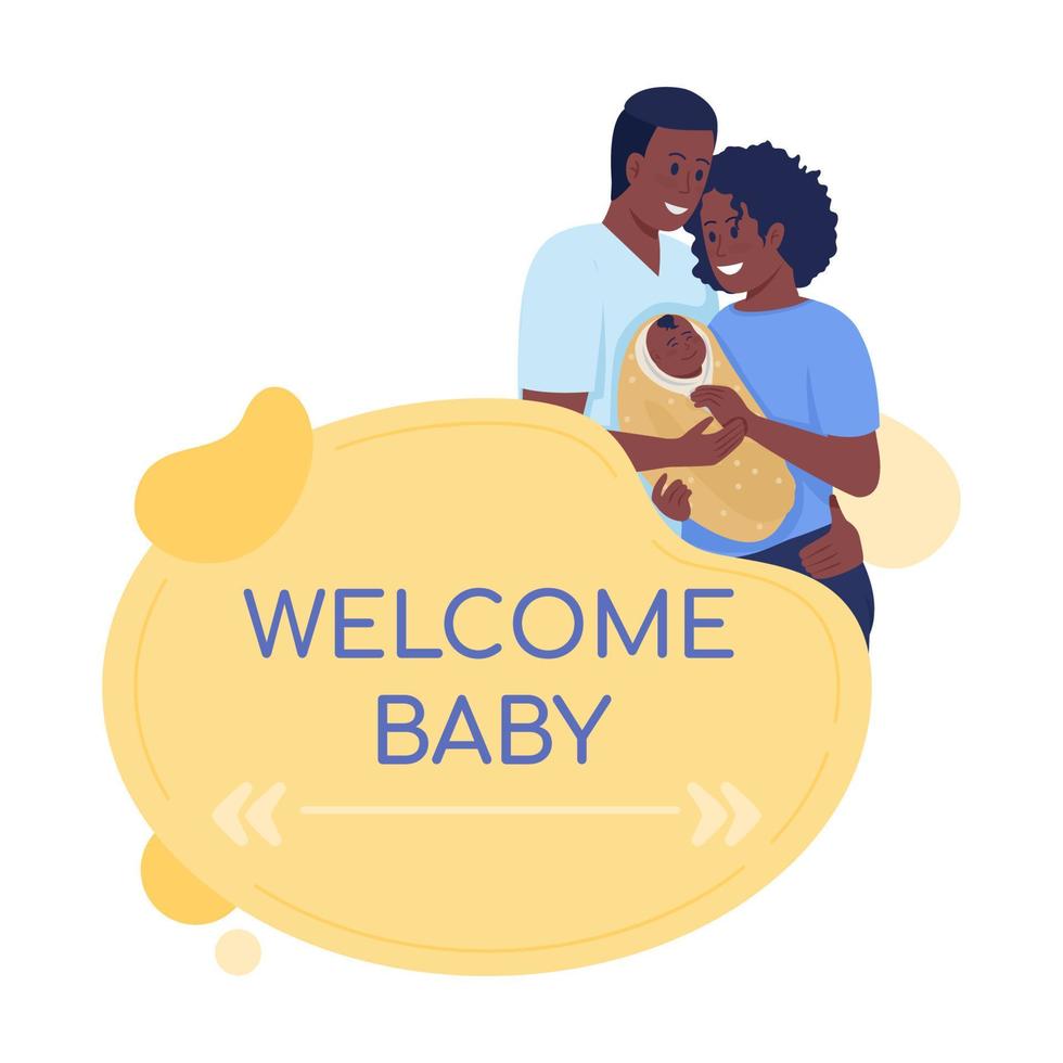 Willkommens-Baby-Vektor-Zitat-Box mit flachen Zeichen. glückliches Paar mit Neugeborenen. familiäre Betreuung. Eltern mit Kind. Sprechblase mit Cartoon-Illustration. buntes Zitat-Design auf weißem Hintergrund vektor