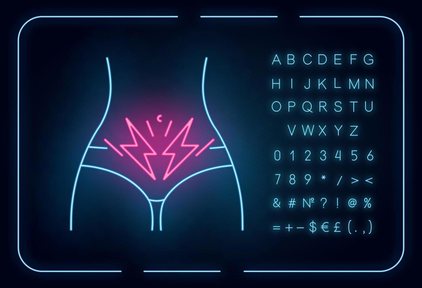 Krampf-Neonlicht-Symbol. menstruelle Bauchschmerzen. Prädmenstruelles Syndrom. weibliche magenschmerzen. Durchfall, Verstopfung. leuchtendes Schild mit Alphabet, Zahlen und Symbolen. isolierte Vektorgrafik vektor