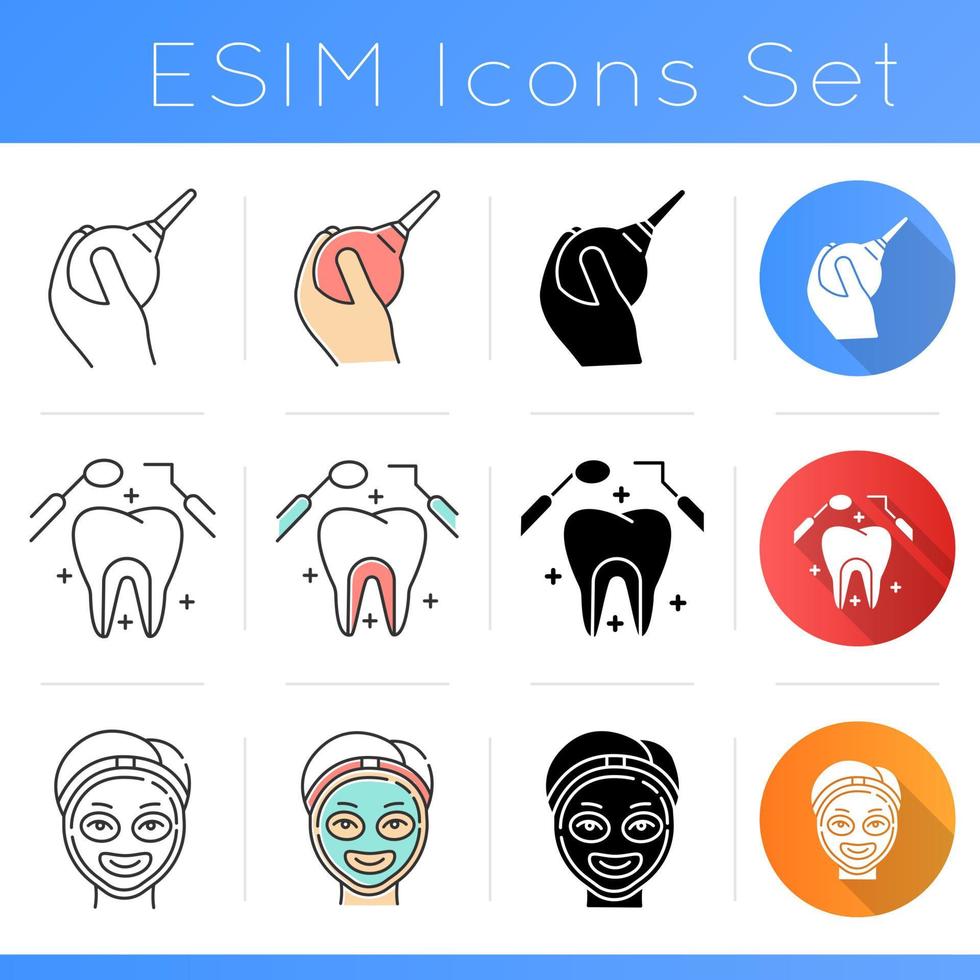 Symbole für medizinische Verfahren festgelegt. lavierung. Zahnpflege. kosmetische Dienstleistungen. Gesichtsmaske. Verstopfung hilfe. Stomatologie. flaches Design, lineare, schwarze und farbige Stile. isolierte vektorillustrationen vektor