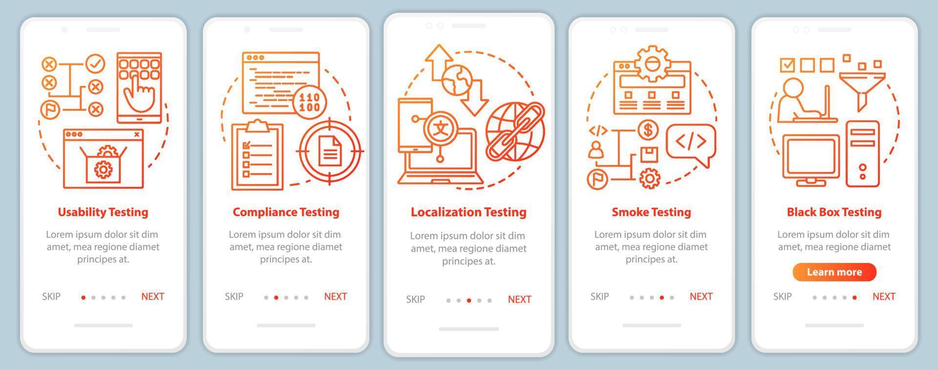 nicht funktionierende Software testet orangefarbene Onboarding-Seite für mobile App-Bildschirmvektorvorlage vektor