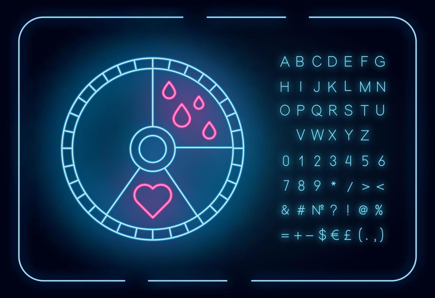 Menstruationszyklus Neonlicht-Symbol. Menstruationstage verfolgen. gynäkologie kalender. Zeitplan des Fortpflanzungssystems. leuchtendes Schild mit Alphabet, Zahlen und Symbolen. isolierte Vektorgrafik vektor