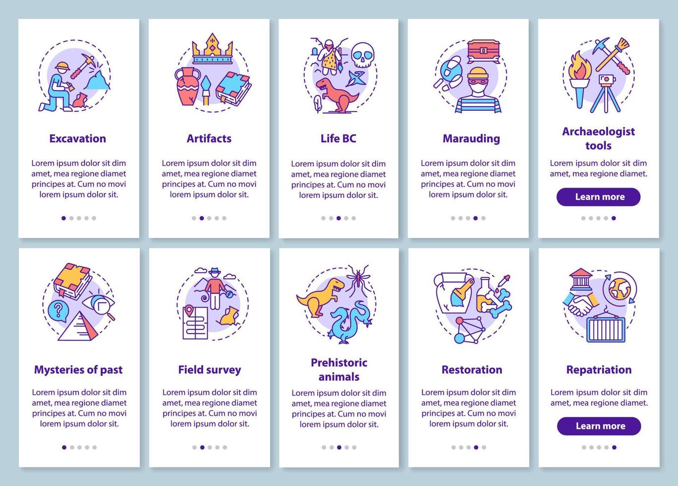 Archäologie-Onboarding-Seitenbildschirm der mobilen App mit linearen Konzepten vektor