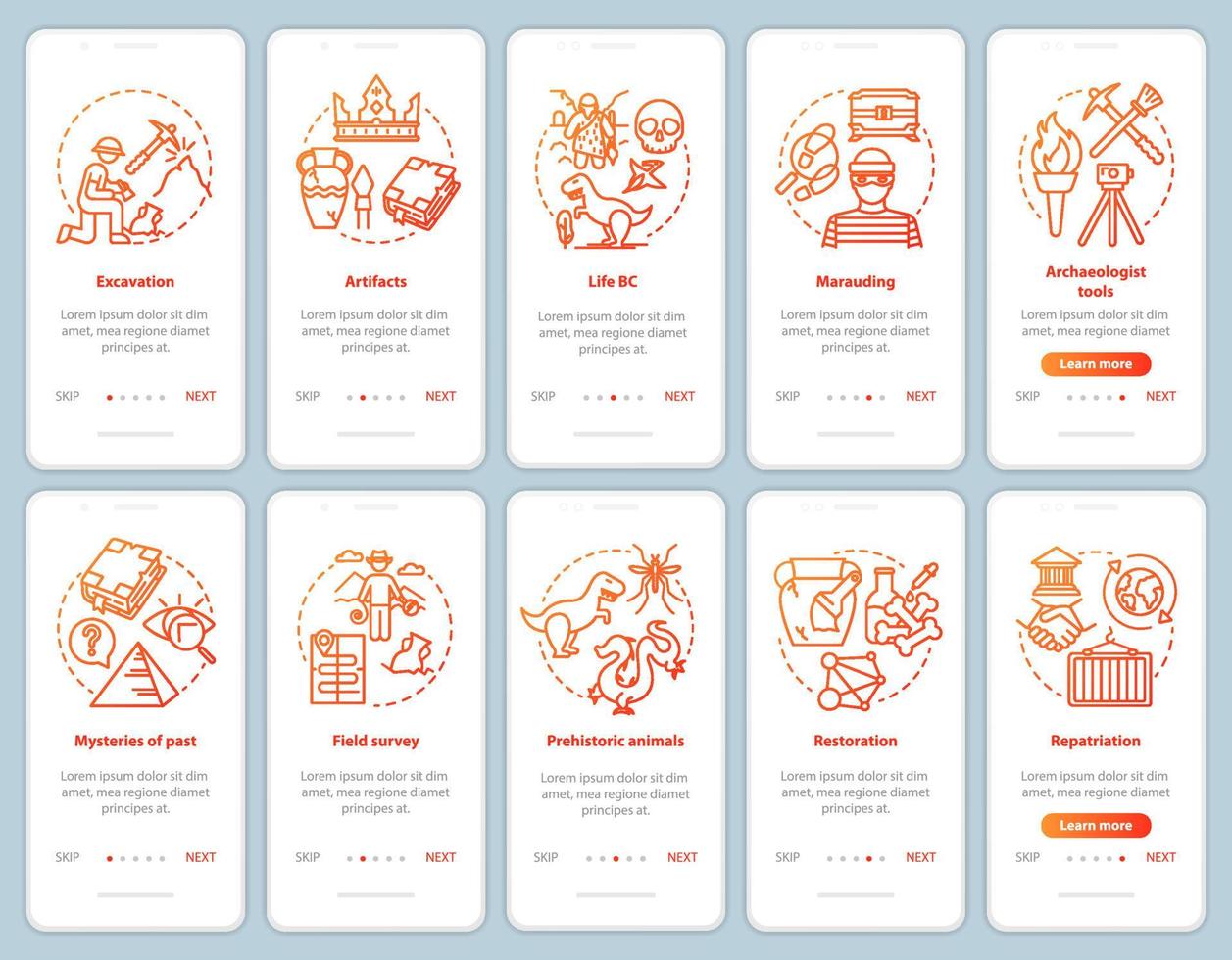 Archäologie Onboarding Mobile App Seite Bildschirm Vektor Vorlagensatz