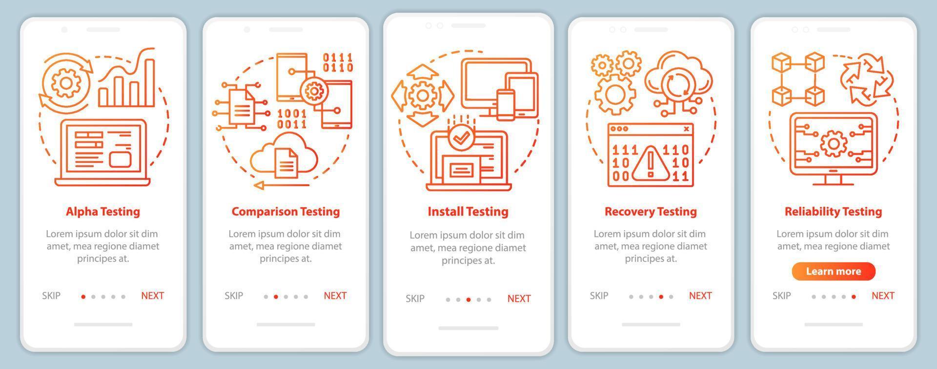 Software-Leistungstest Orange Onboarding Mobile App-Seite Bildschirmvektorvorlage vektor