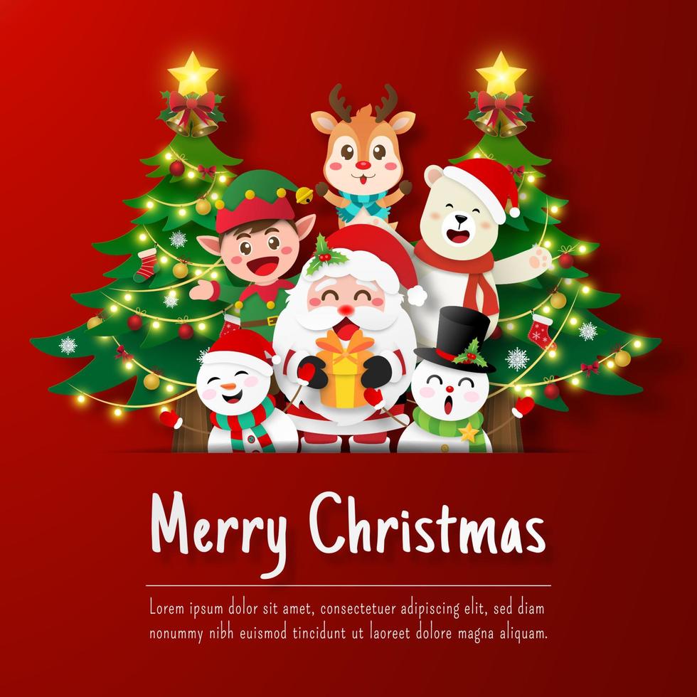 Weihnachtspostkarte von Santa Claus und Freunden mit Weihnachtsbaum vektor