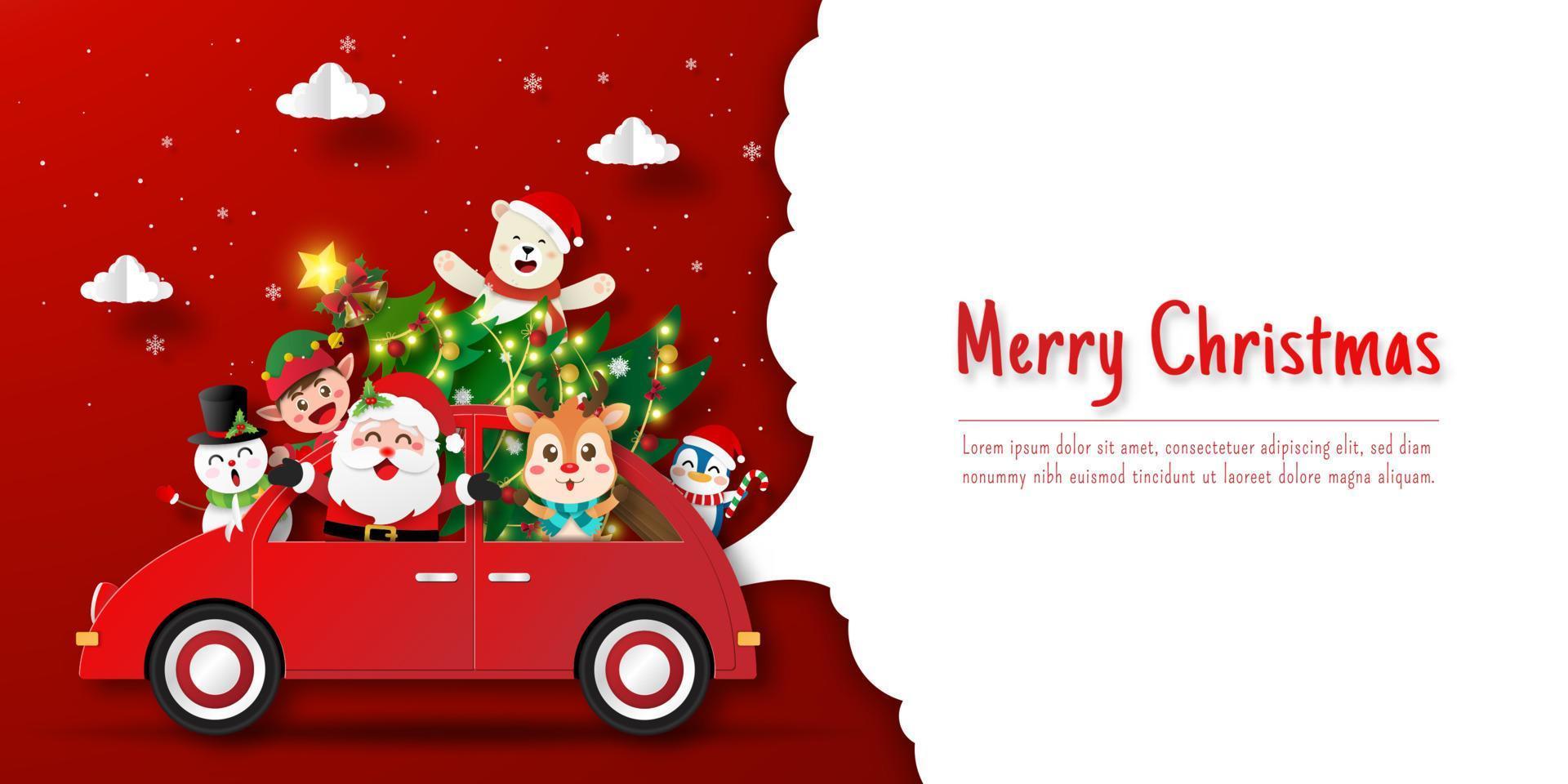 jul vykort banner av jultomten och vänner på jul bil vektor