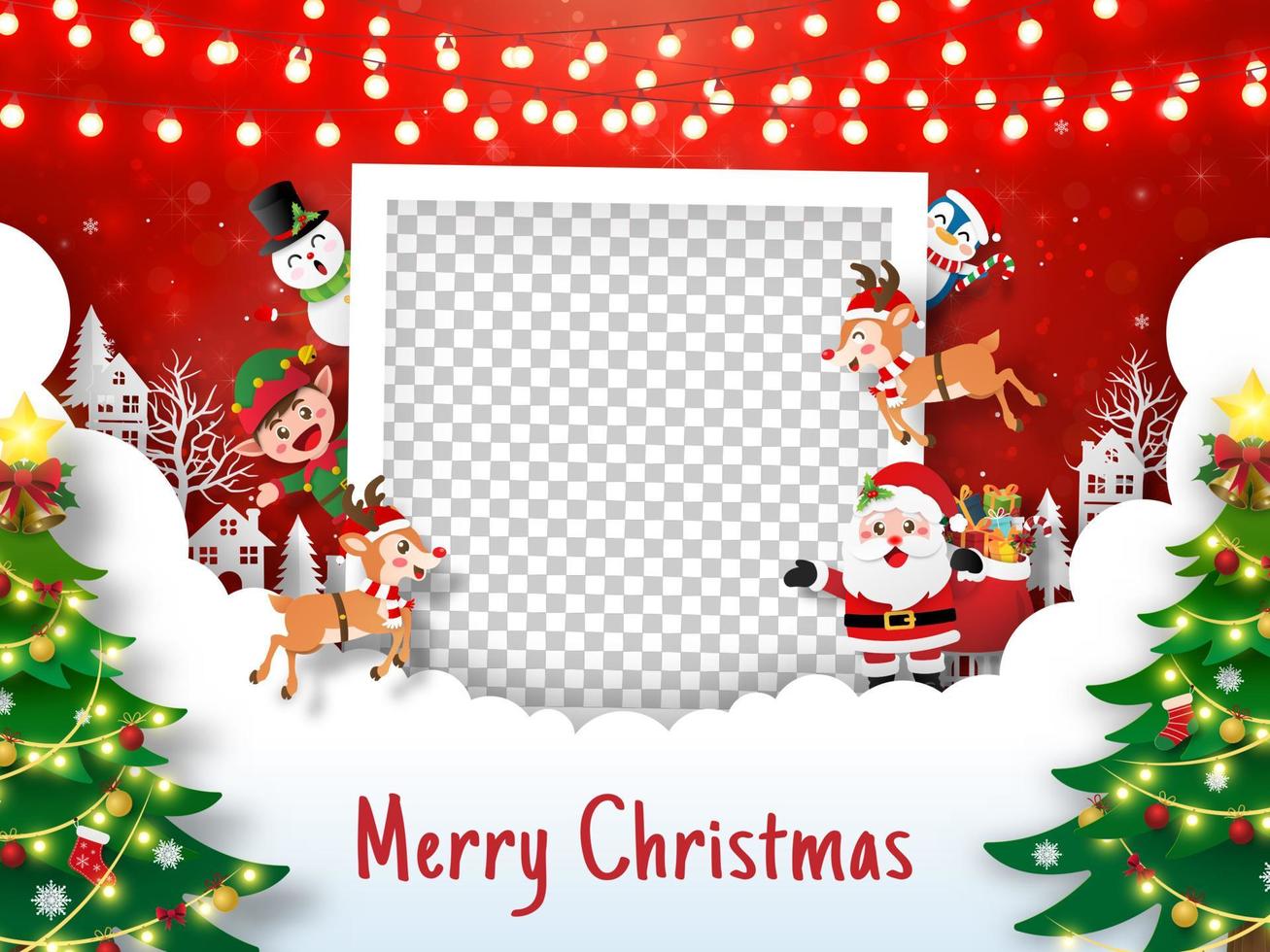 god jul och gott nytt år, julvykort med fotoram med jultomten och vänner, papperskonststil vektor