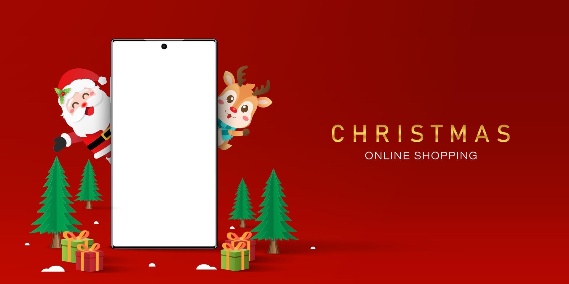 julhandel online på smartphone -koncept, tom skärm -smartphone med jultomten och renar, god jul vektor