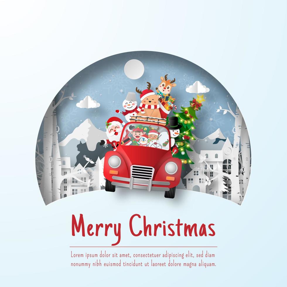 Weihnachtspostkarte des Weihnachtsautos im Dorf, Papierschnittillustration vektor