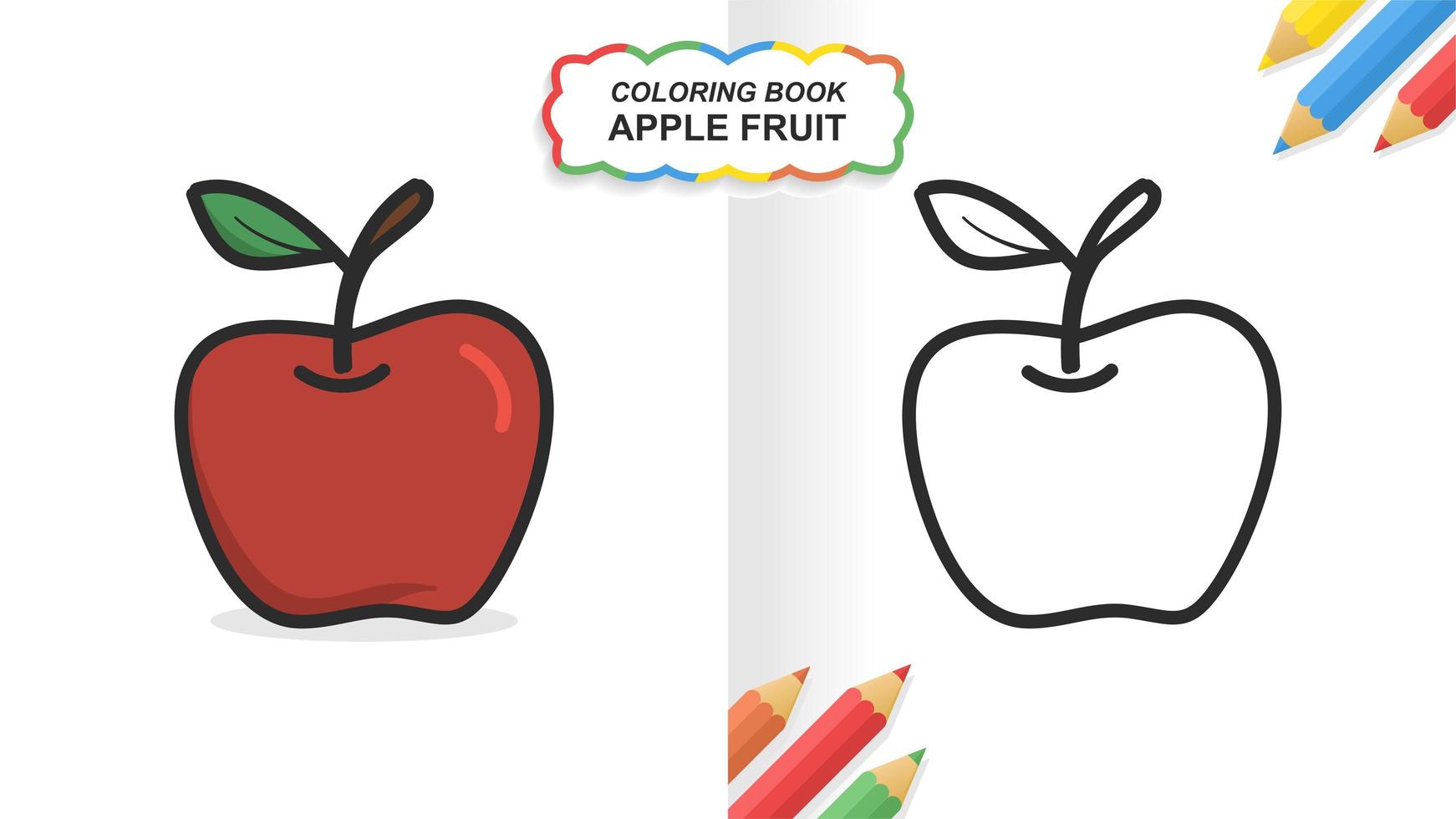 äpple handritad målarbok för lärande. platt färg klar att skriva ut vektor