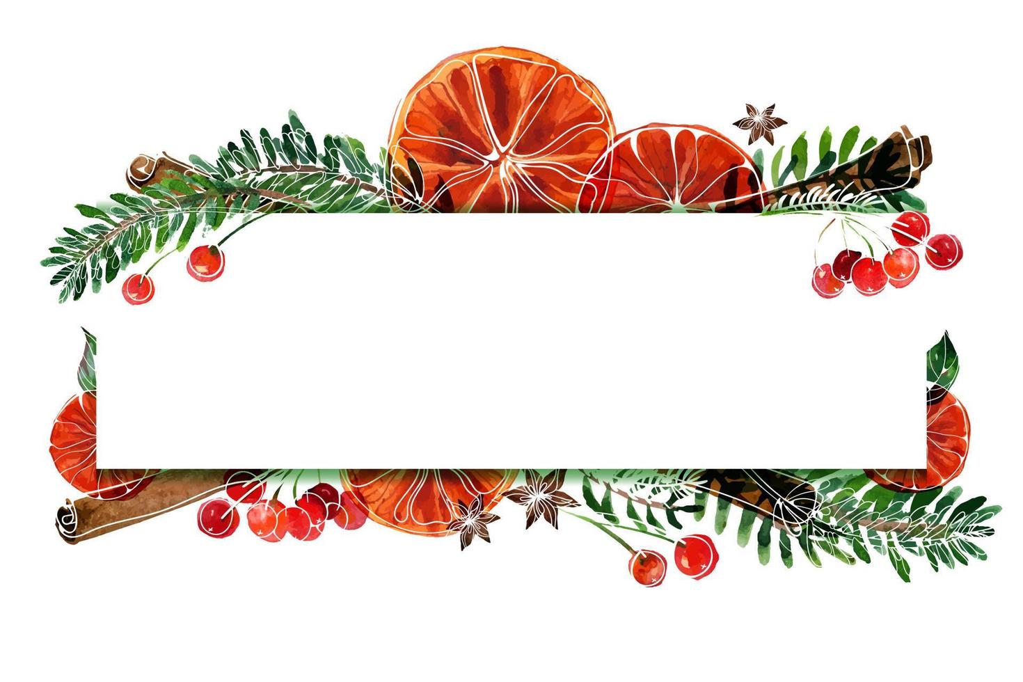 Weihnachtsaquarellrahmen mit Tannenbaum und Orangen und Zimt und Anis und roten Beeren. passender Rahmen mit Platz für Text für Weihnachts- und Neujahrsgrußkarten und Partyeinladungen vektor
