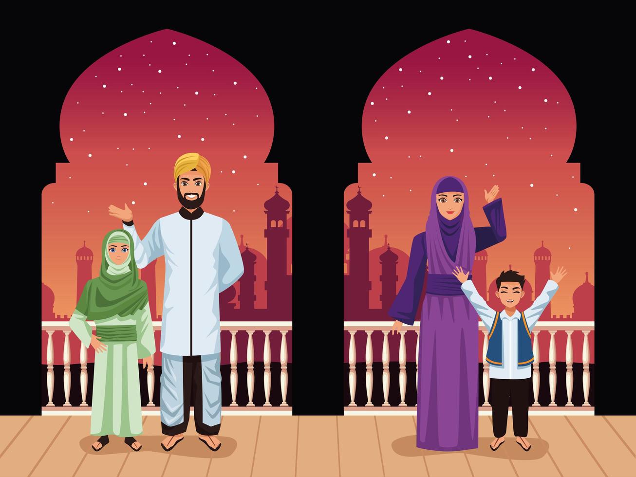 muslimische familie auf balkon vektor