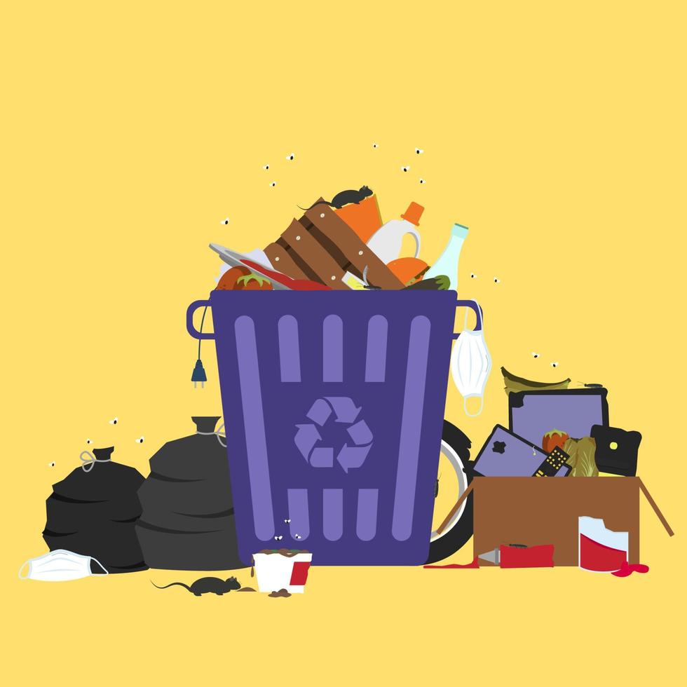 großer Mülleimer überfüllter Müll, faules Obst, alte Reifen, gebrauchte chirurgische Masken, Verpackungen aus Kunststoff, Metall und Glas. Müll zu Boden gefallen. Ratten und Kakerlaken fressen den Müll. vektor