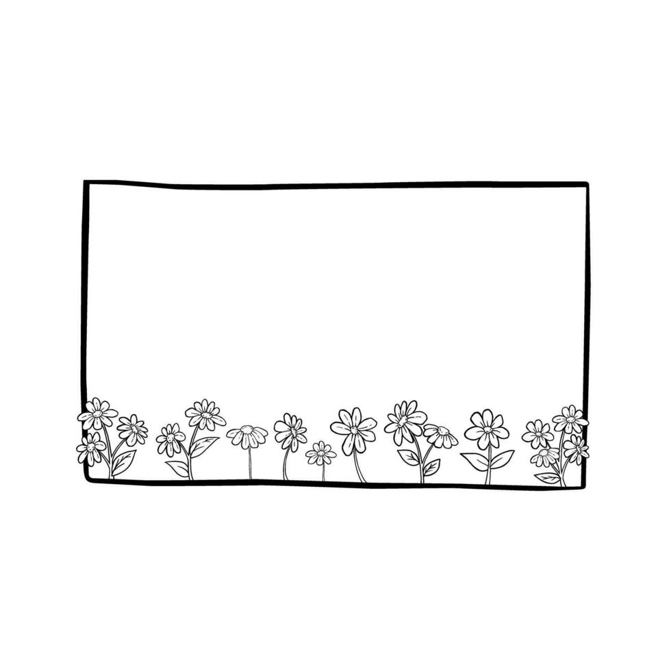 schwarz Linie Rechteck Rahmen mit Gänseblümchen Blumen. Vektor Illustration zum schmücken Logo, Text, Hochzeit, Gruß Karten und irgendein Design.