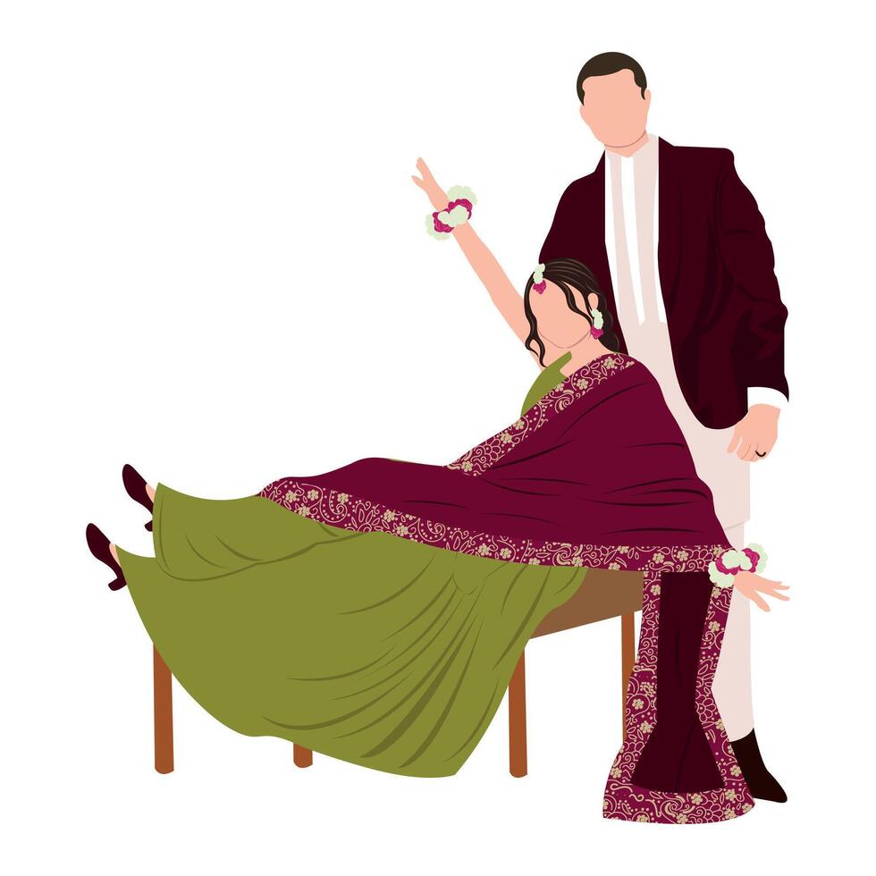 Vektor süß indisch Paar Karikatur im traditionell Kleid posieren zum Hochzeit Einladung Karte Design