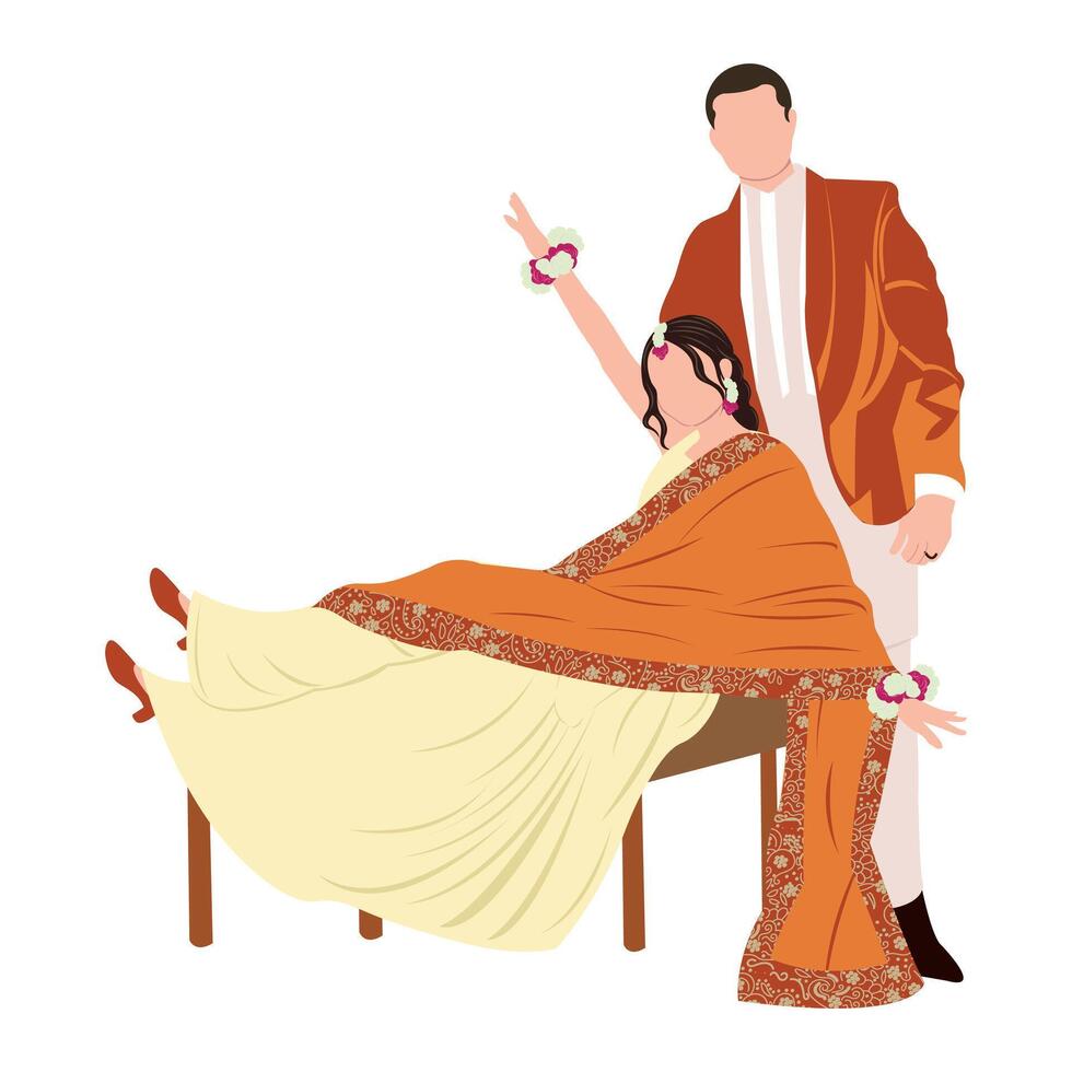 vektor söt indisk par tecknad serie i traditionell klänning Framställ för bröllop inbjudan kort design