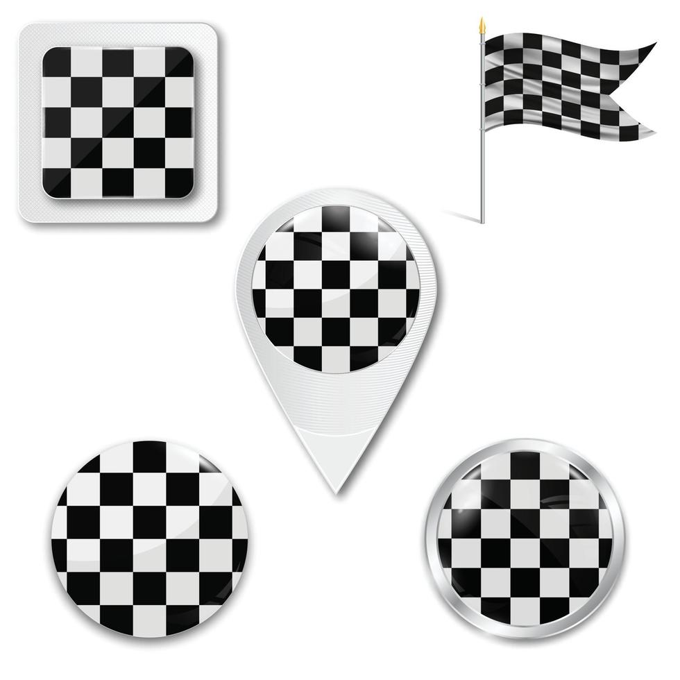 Reihe von karierten Flaggensymbolen für den Rennsport in verschiedenen Versionen auf weißem Hintergrund. realistische Vektorillustration. Schaltfläche, Zeiger und Kontrollkästchen. vektor