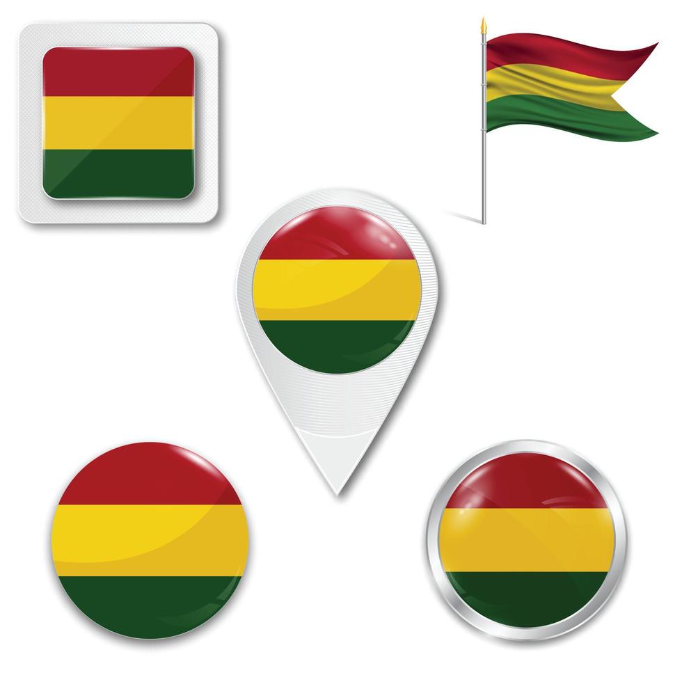 uppsättning ikoner av bolivias nationella flagga. knapp, pekare och kryssruta. vektor