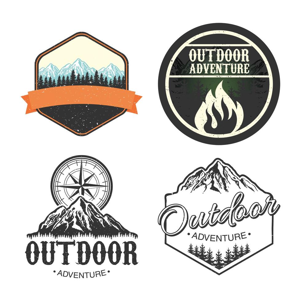 Bündel Outdoor-Abenteuer-Schriftzug-Embleme mit Lagerfeuer und Kompass vektor