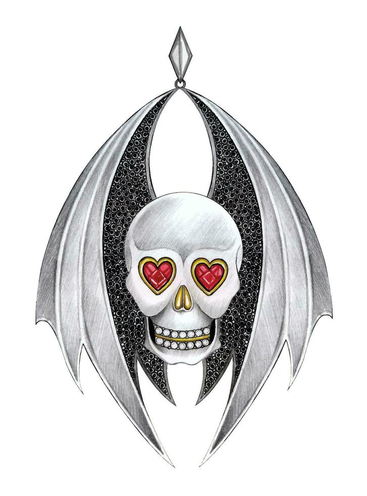 Smycken design vinge demon skalle hängsmycke design förbi hand teckning på papper. vektor