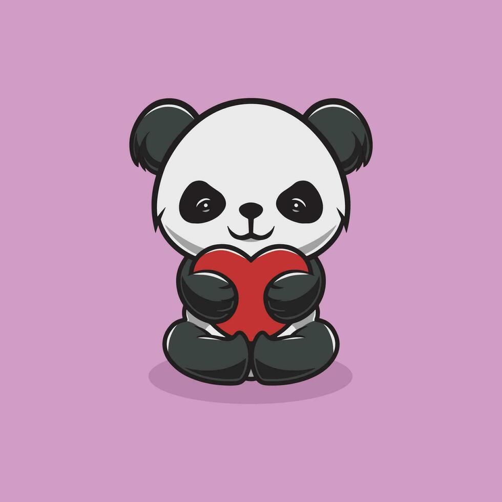 süß Panda mit groß Liebe Karikatur Illustration vektor