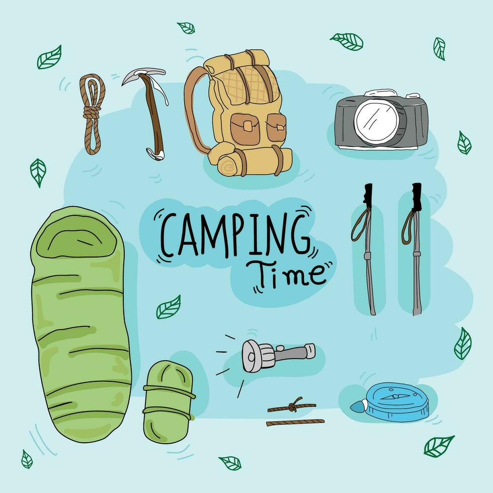 camping hand dragen klotter vektor illustration. camping begrepp.