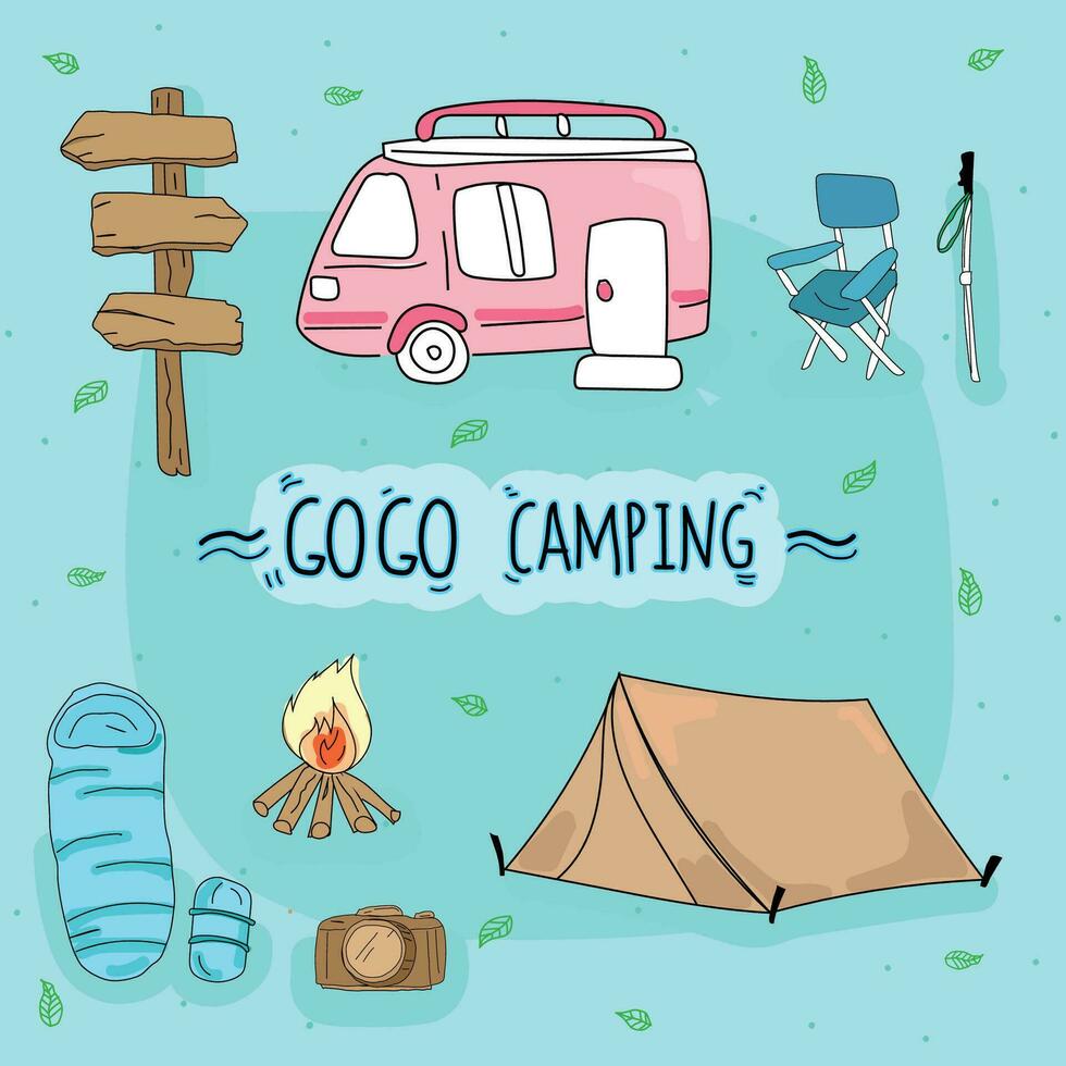 camping hand dragen klotter vektor illustration. camping begrepp.