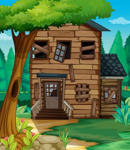 Holzhaus mit schlechtem Zustand im Dschungel vektor