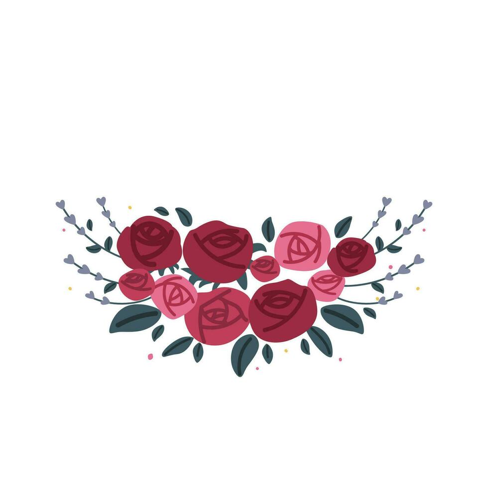 einstellen von schön rot violett und Rosa Rosen Anordnung mit Grün Blätter und isoliert Vektor auf Weiß Hintergrund. bunt Blumen- Element zum Hochzeit, Gruß Karte Design oder Grafik Dekoration.